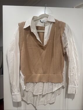 Neutral Tan Knit V-Neck Sweater Vest - Unbranded
